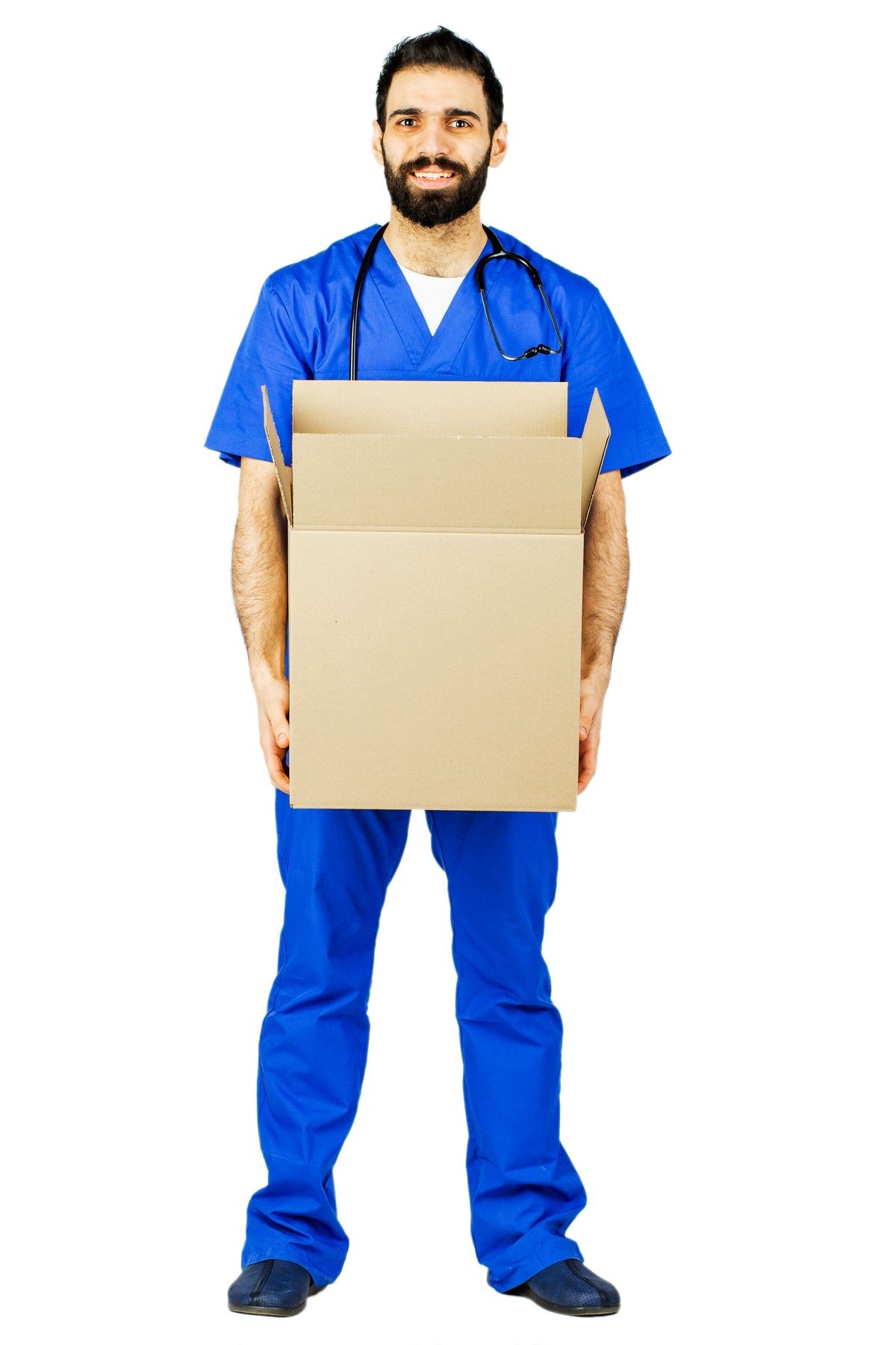 doctor smiling and holding a box . on white Studio background.